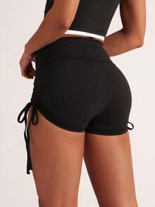Easithlete 桃形臀提升歐美風瑜伽短褲，高腰彈性運動女士跑步健身短褲拉繩短褲 - 黑色 - 查看 4