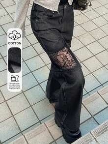 FRIFUL Women's Patchwork Sheer Lace Straight Leg Jeans - Dark Grey - View 1