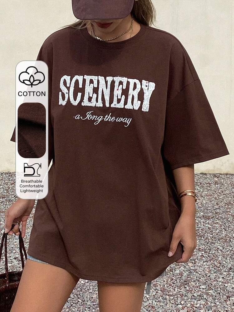 Women's Letter Pattern Round Neck Drop Shoulder Casual Loose T-Shirt Graphic Tees Women