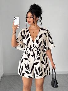 Elenzga Mono de mujer de talla grande con estampado floral y de hojas, cuello en V, manga corta, cintura ceñida, adecuado para primavera/verano, vuelta al colegio, vacaciones, graduación, días festivos, San Valentín, Navidad, festivales de música, Día de la Madre, Halloween, Acción de Gracias, Pascua, Día Nacional, bailes, cumpleaños, citas, fiestas, bodas, actividades al aire libre - Multicolor - Ver 6