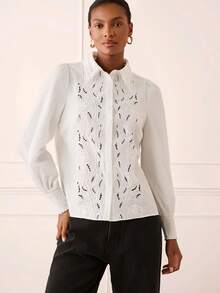 Lilora Stylish White Women Blouse With Unique Embroidered And Eyelet Design Long Sleeve Button Down Shirt For Office And Everyday Wear, Women's Shirts For Summer, Women Casual Outfits - White - View 4