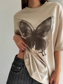 DAZY Áo thun nữ cổ tròn, vai rớt, in hình bướm, dáng rộng, phong cách thường ngày. - Màu be - Xem 5