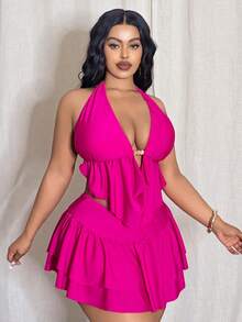 Slaydiva Plus Size Fuchsia Casual Vacation Halter Tankini Set With Cover-Up Skirt - Hot Pink - View 3
