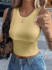 DAZY Women's Cream Yellow Fitted Ribbed Crew Neck Camisole, Summer - Yellow - View 1