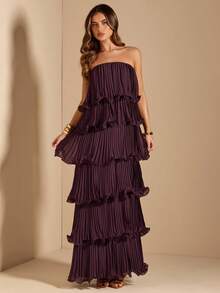 SHEIN BAE Đầm màu nâu trơn thanh lịch, đầm cúp ngực xếp tầng, thích hợp cho tiệc tùng, hẹn hò lãng mạn, phù dâu, dạ hội, sinh nhật, mùa xuân/hè. - Cà phê nâu - Xem 1