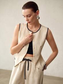 MOTF PREMIUM CONTRAST BINDING BUTTON PLACKET SLIM WAIST TANK TOP - Apricot - View 4