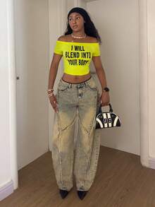 StreetHx 街头风女式字母印花露肩短袖T恤 - 黃色 - 查看 2