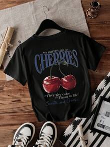INAWLY 女士樱桃水果和标语图案圆领 T 恤 - 黑色 - 查看 2