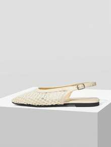 Mnmlis 女士新款时尚编织镂空平底方头套脚鞋 - 米白1 - 查看 3