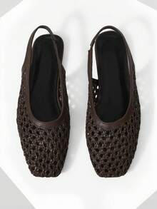 Mnmlis 女士新款时尚编织镂空平底方头套脚鞋 - 棕色 - 查看 1