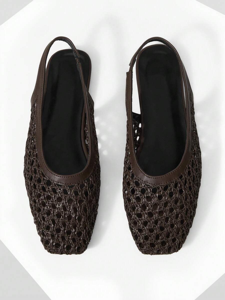 Mnmlis 女士新款时尚编织镂空平底方头套脚鞋 - 棕色 - 查看 1