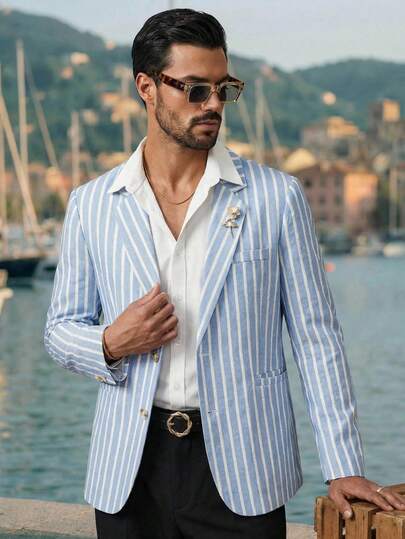 HIMLAND 男士条纹翻领长袖单排扣休闲西装外套