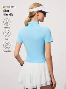 CourtClass CourtClass Women's Fashionable Golf Polo Shirt,Front Zipper Half-Open Collar Short Sleeve Fitted Sports Top,Elegant Summer Tennis Outfit,Baby Blue Golf Attire - Baby Blue - View 2