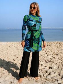 SHEIN Swim Mulvari 女士春夏新款布基尼两件套，含腰带，时尚端庄显瘦大叶绿色印花休闲中东度假风长袖长裤布基尼套装 - 彩色 - 查看 3