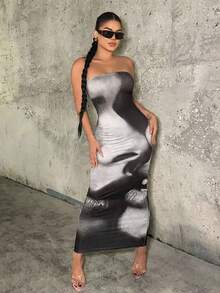 SHEIN SXY Đầm quây in hình khuôn mặt dành cho nữ - Đen và trắng - Xem 4
