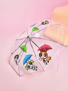 THE POWERPUFF GIRLS X SHEIN 1把卡通印花透明折叠伞，适合学校、工作、户外和日常使用，专为大学生、高中生以及男女设计，图案包括爱、友谊、花朵、泡泡和毛毛虫。 - 無色 - 查看 2