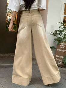 DAZY Jeans de pierna ancha y plisada de cintura regular holgada para mujer, pantalones vaqueros de ajuste relajado lavados de manera casual - Caqui - Ver 4