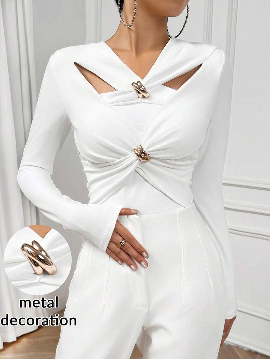 Firerie Women's Elegant Chic Modest  Hollow Out Twisted Long Sleeve Bodycon T-Shirt