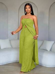 SOLERSUN Bộ đồ gồm áo quây màu xanh lá cây trơn, xẻ tà phía trước, và quần dài với chất liệu vải có họa tiết, thích hợp cho thời gian thư giãn tại nhà, kỳ nghỉ biển, du lịch nghỉ dưỡng. Trang phục nữ thanh lịch và lãng mạn cho ngày Valentine, hẹn hò, lễ hội Fasching/Karneval. Hàng mới về mùa xuân/hè, bộ đồ hai mảnh nữ mùa thu, trang phục dự tiệc Homecoming, Lễ Tạ ơn, trang phục tựu trường. - màu xanh lá - Xem 2