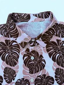 Surfspeed Men's Leaf Print Button-Down Short Sleeve Shirt And Drawstring Waist Shorts Casual Beach Outfit, Holiday - Coffee Brown - View 4