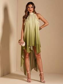 SHEIN BAE Đầm công chúa thanh lịch, sang trọng, cổ cao, xếp ly, vạt bất đối xứng màu xanh nhuộm tie-dye dành cho nữ mùa xuân/hè, đầm ngắn thời trang, đầm duyên dáng. - màu xanh lá - Xem 3
