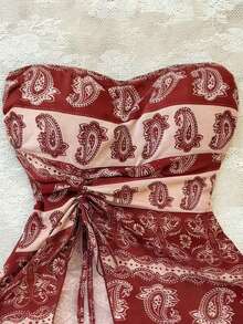 Elamini 女士休闲度假优雅日常时尚街头风波西米亚佩斯利印花抽绳不对称下摆抹胸上衣 - 彩色 - 查看 6