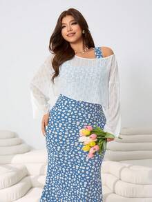 Solflare 休闲宽松针织纹理薄纱罩衫，无袖背心，碎花长裙，两件套，适合户外、日常、派对、音乐节、返校、通勤、度假、商业街、婚礼宾客、居家、购物、城市漫步等多种场合，春夏皆宜。 - 彩色 - 查看 4