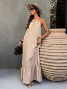 Selianne 1件装 女士休闲串珠褶皱A字喇叭形露背沙滩度假连衣裙，春夏款 - 卡其色 - 查看 5