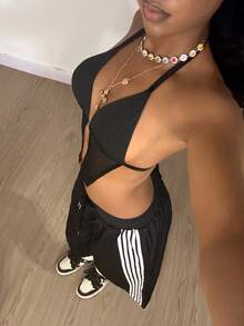 StreetHx 女士Y2K风格2000年代休闲街头风宽松条纹两件套，春夏款 - 黑色 - 查看 4