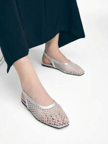 Mnmlis Women's New Fashion Woven Hollow Slip-On Flat Square Toe Loafers - Silver - View 11