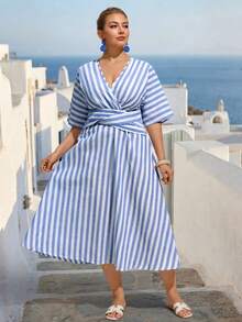 EMERY ROSE Plus Size Women Holiday Vertical Striped Dress, Blue Linen Beach Vacation Dress - Blue - View 3