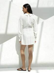 KSTM Women's Striped Long Sleeve Wrap Mini Dress With Collar And Button Details Fall Winter Office Casual - White - View 2