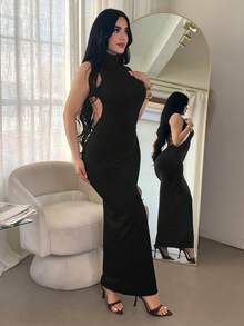 SHEIN SXY 露背金属扣无袖连衣裙 - 黑色 - 查看 3