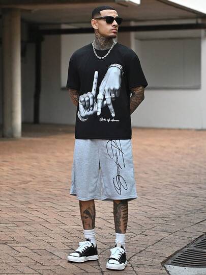 Devon Thys Los Angeles LA Hand Gesture Logo Print Street Style Black Drop Shoulder T-Shirt For Men