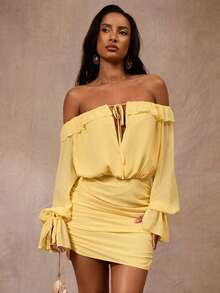 Opulessa Summer Spring Going Out Beach Vacation Festival Party Wedding Graduation Prom Elegant Casual Formal Women's Elegant Solid Color Off-Shoulder Ruffle Hem Dress, Spring Summer Outfits, Festival Dress, Elegant Party Dress, Beach Vacation Outfits, Wedding Guest Dresses, Formal Graduation Dress, Work Outfits For Women - Yellow - View 4
