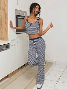 Sweetina Women's Casual Striped Cropped Tank Top And Pants 2 Pieces Set, Summer - Navy Blue - View 3