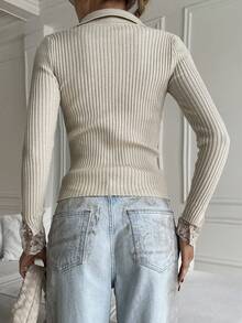 DAZY Sweater Pullover Lengan Panjang Slim Fit Wanita Warna Polos dengan Detail Renda Kontras - Aprikot - View 5