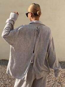 Livesso Women's Striped Tie-Front Backless Blouse And Casual Pants 2 Pieces Set, Suitable For Holiday, Spring And Summer - Coffee Brown - View 4