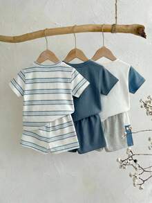 SHEIN 6件套儿童夏季服装套装，男童蓝色条纹拼接休闲可爱上衣T恤和3条短裤，适合度假、上学、居家、外出、旅行 - 彩色 - 查看 2