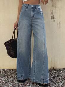 DAZY Jeans de pierna ancha y suelta con cintura regular y diseño de bajo con estilo, estilo casual de calle para mujer - Azul lavado medio - Ver 8