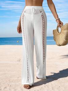 Swim Vcay Set di copricostume e pantaloni da donna per vacanza, in tinta unita, con design traforato e laccio in vita - Bianco - Visualizzare 3