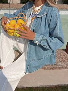 DAZY 女士立领收腰宽松休闲牛仔夹克外套 - 中等水洗藍 - 查看 4