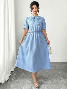 Elenzga 大码女装畅销款法式优雅蝴蝶结领收腰A字短袖连衣裙，适合日常通勤、约会、旅行、拍照和休闲外出。 - 藍色 - 查看 3