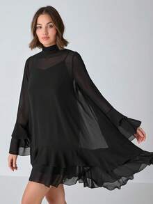 Enchnt 女士纯色网眼拼接长袖简约休闲连衣裙 - 黑色 - 查看 7