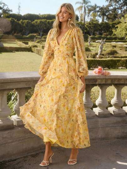 Enchnt Spring/Summer Romantic Women's Sunshine Yellow Floral Print V-Neck Lantern Sleeve Pleated Ruffle Hem Maxi Dress,Sweet&Elegant For Vacation&Date&Holiday&Party&Graduation&Wedding Guest&Beach,Prom Dress,Summer Dresses For Women,Sun Dresses For Women,Summer Clothes