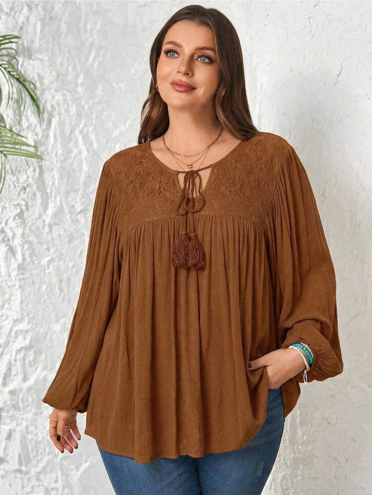Plus Size Women Casual Loose Solid Color Long Sleeve Shirt Brown Blouses For Women Fringe Plus Size Plus Size Boho Tops Women Plus Clothing Western