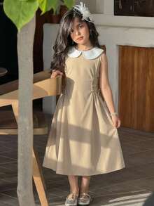 SHEIN Tween Girl Fashionable & Elegant Khaki Dress With White Peter Pan Collar Sleeveless Cinched Waist A-Line Midi Dress Tween Girls Casual Chic Commuter Elegant Khaki Dress - Khaki - View 5