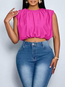 SOLERSUN Women's Plus Size Simple Spring Summer Daily Wear Solid Color Ruched Sleeveless Shirt - Hot Pink - View 5
