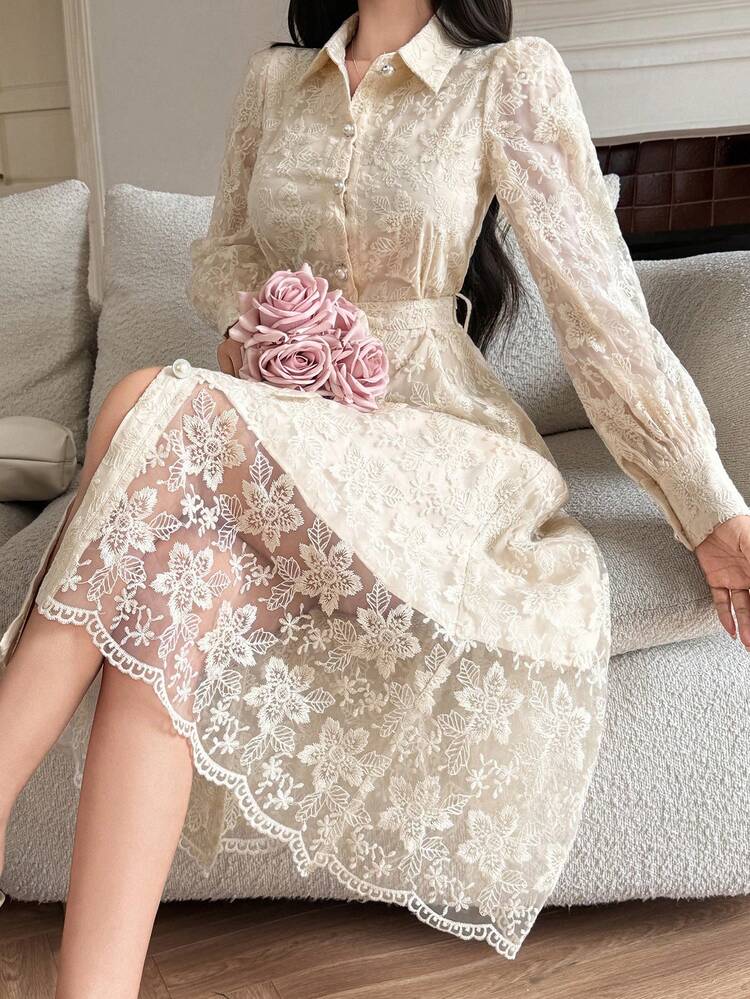 Spring & Summer White Textured Lace Dress, Elegant For Valentine's Day, Wedding, Party, Formal Occasion, Fashion Event, Slim Fit Long Sleeve Midi Dress For Women