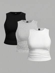 SHEIN EZwear 3件套加大码纯色无袖圆领背心，适合夏季穿着 - 彩色 - 查看 1